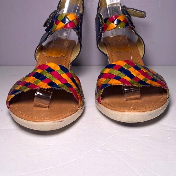 Womens Multicolor Woven Leather Ankle Strap Wedge Sandals Sz 4 Boho Indie Mexico - Picture 2 of 9